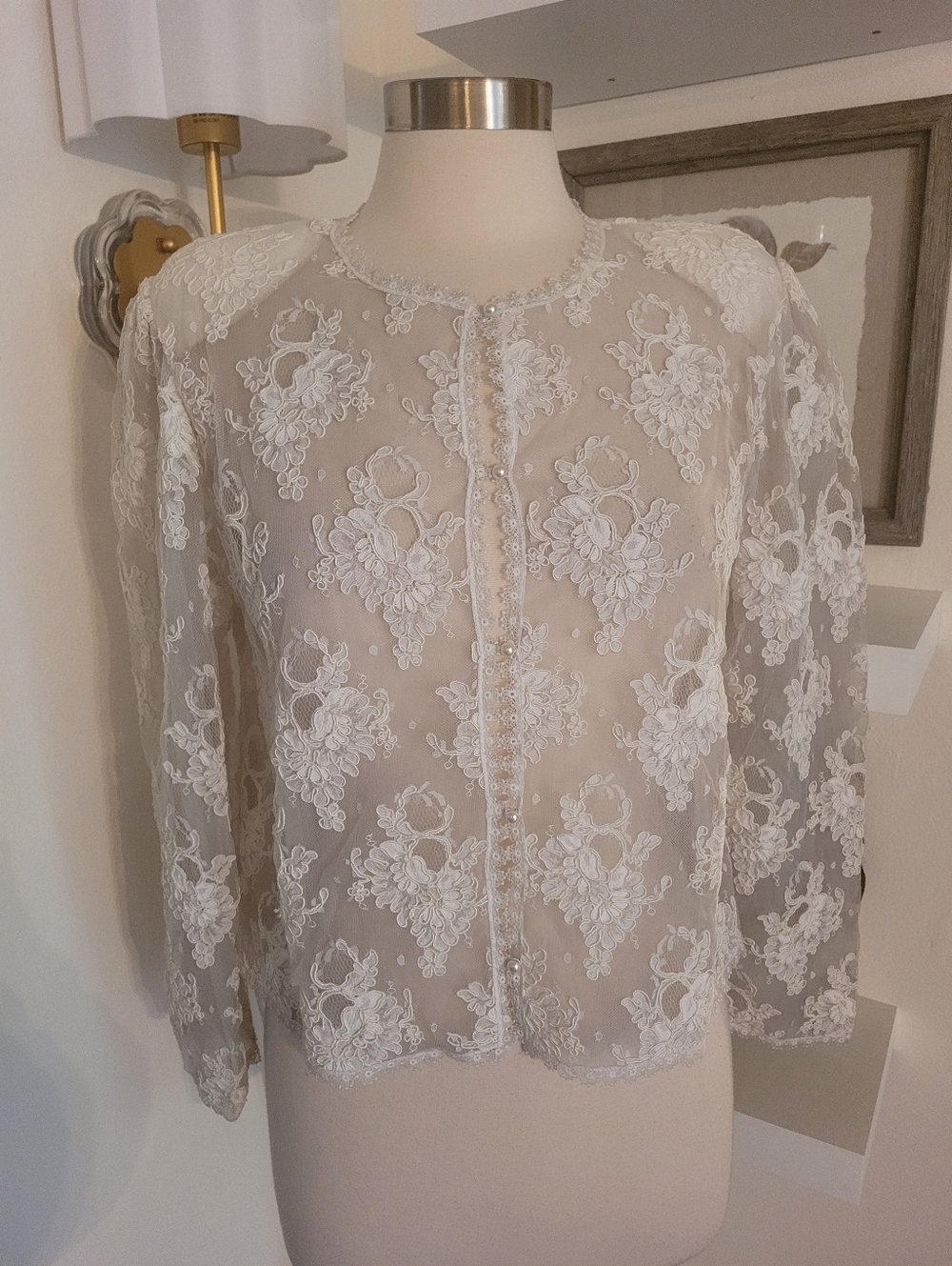 Vintage Bouquet De Fleurs Sheer White Lace Button-Up Blouse By Barbizon Medium